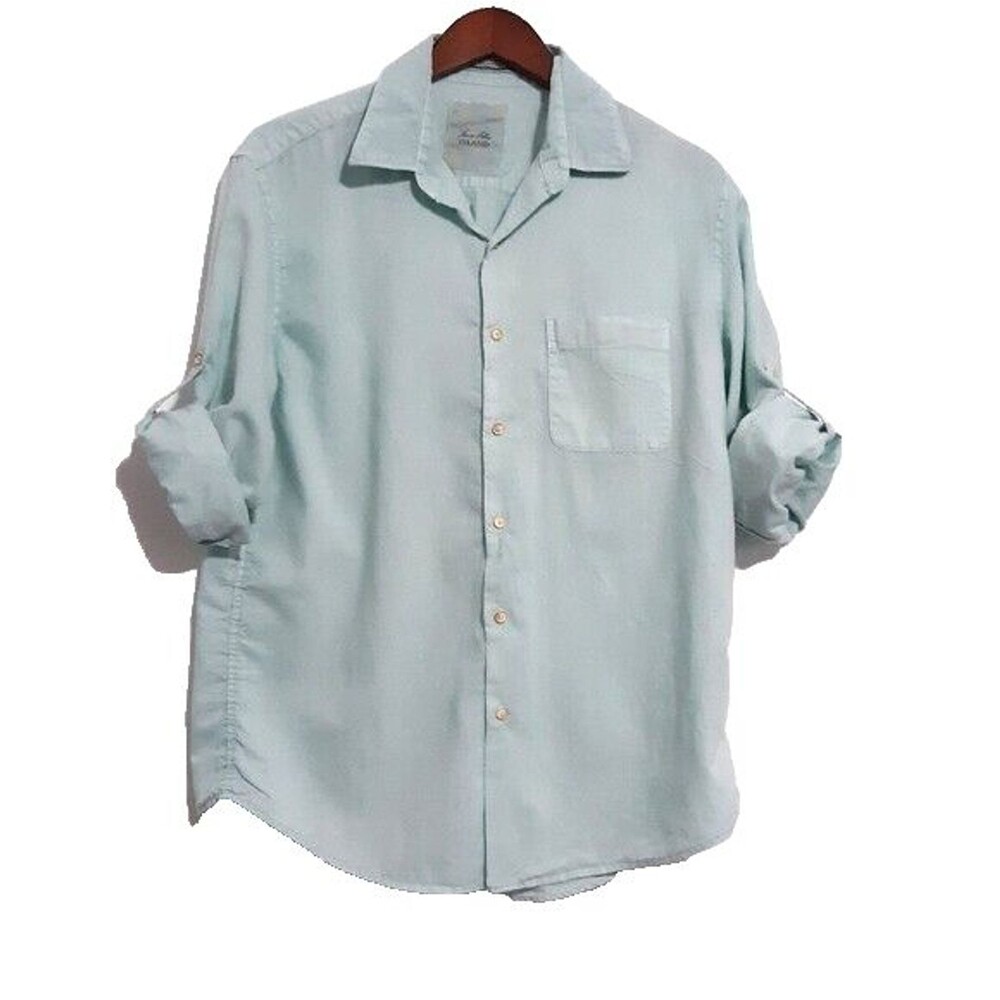 Tasso Elba Island Shirt M Light Blue Linen Cotton Tab Sleeve Casual Cool